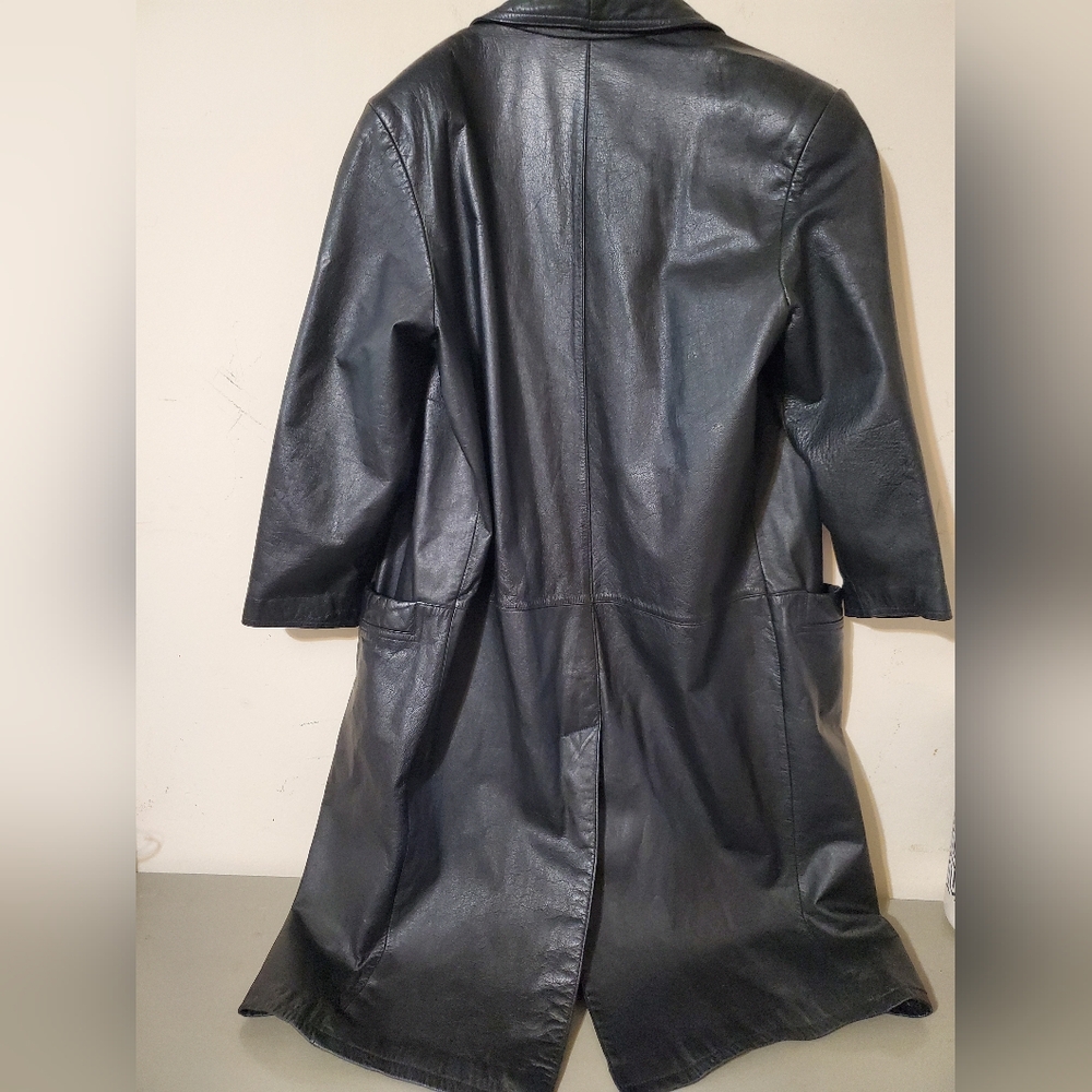 Y2k International Leather Collection Black Leather Trench Coat Size Small Petite - Picture 9 of 14